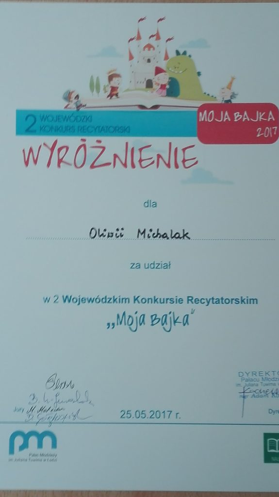 Sukces Oliwii Michalak w II Wojewódzkim Konkursie Recytatorskim